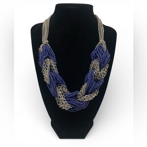 Blue and Silver Braided Statement Bib Necklace
